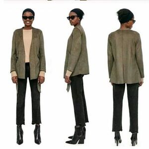 ZARA Faux Suede Open Front Belted Jacket, Brown Olive Green, Size Medium